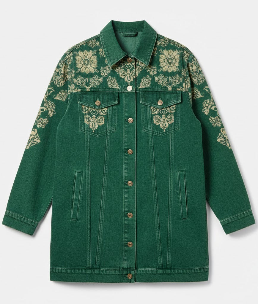 Vintage Printed Long Denim-Style Jacket for Women